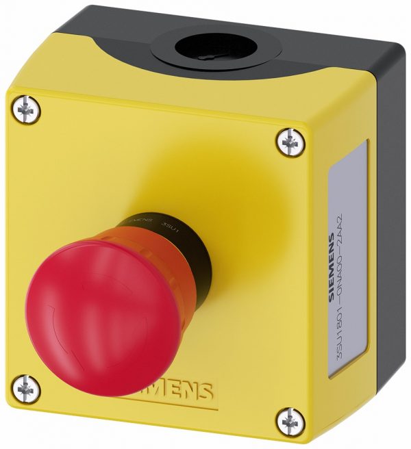 Caja plastica amarilla SIRIUS ACT con 1 pulsador hongo 1NC
